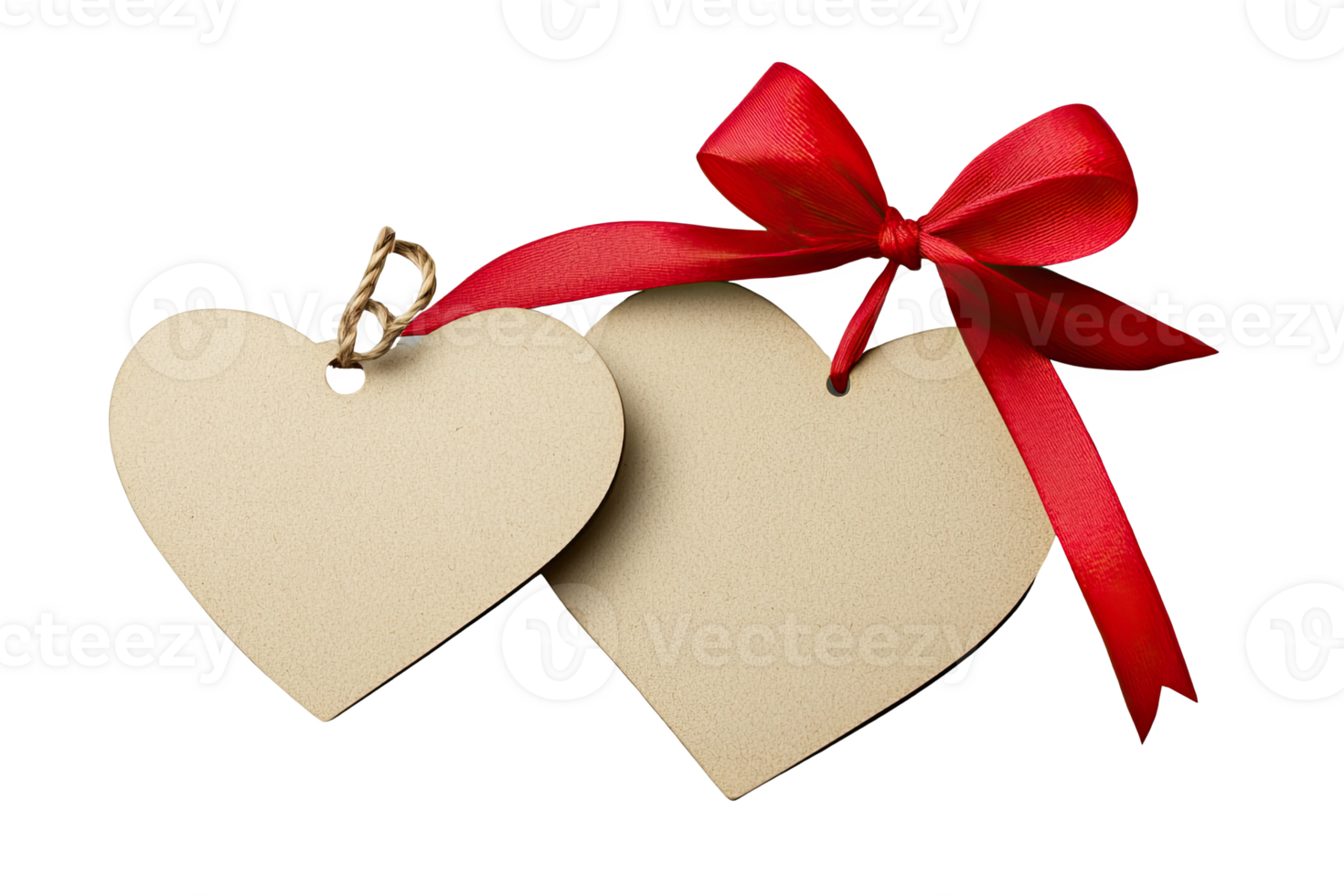 Two heart-shaped tags with a red bow, perfect for gift labeling and romantic occasis, png