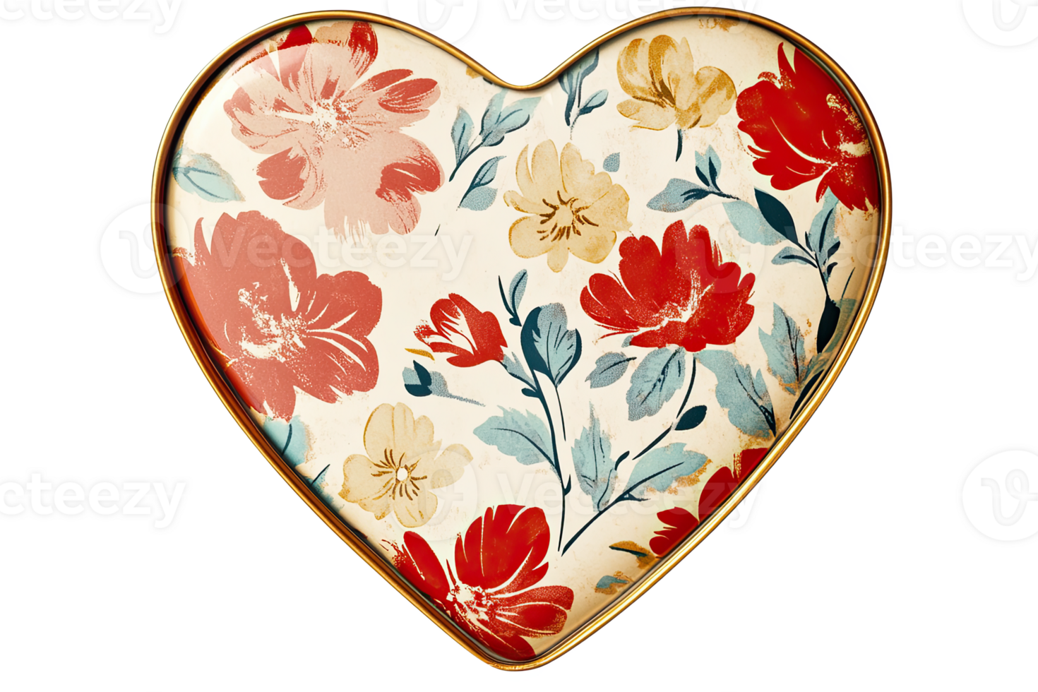 Heart-shaped tin with floral patterns, perfect for decorative and romantic settings. png