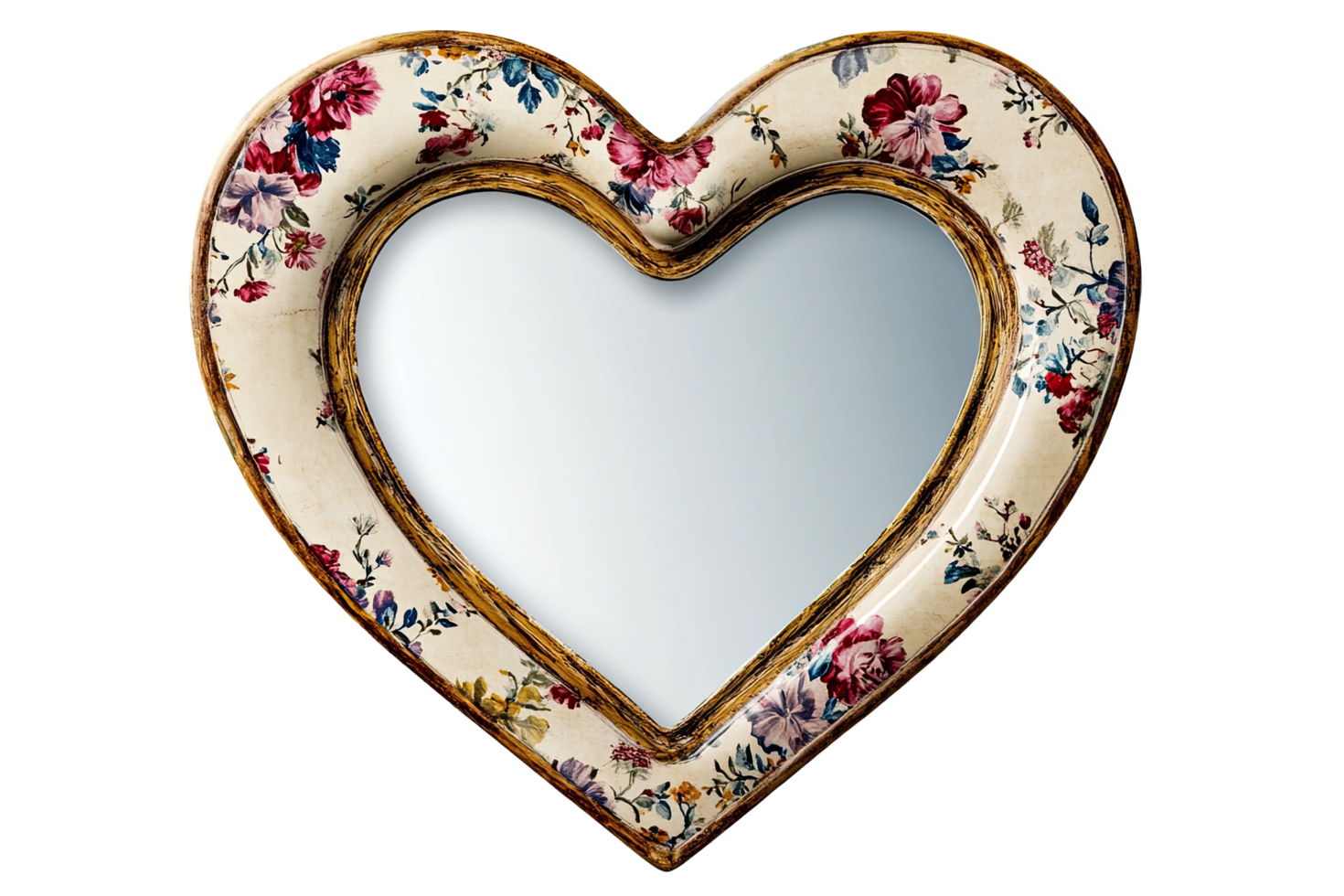 Heart-shaped vintage mirror with floral patterns, perfect for decoratind creating a romantic ambiance. png