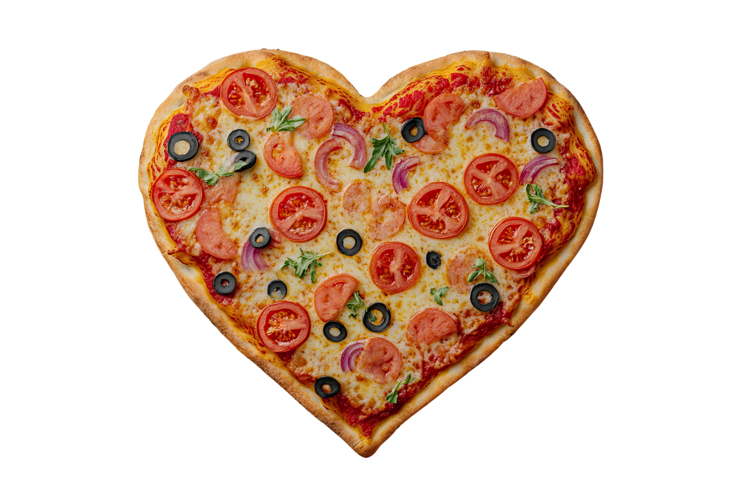 Heart-shaped pizza topped with fresh vegetables, png