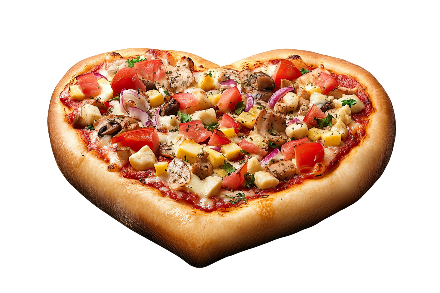 Heart-shaped pizza with toppings of chicken, tomato, and i png