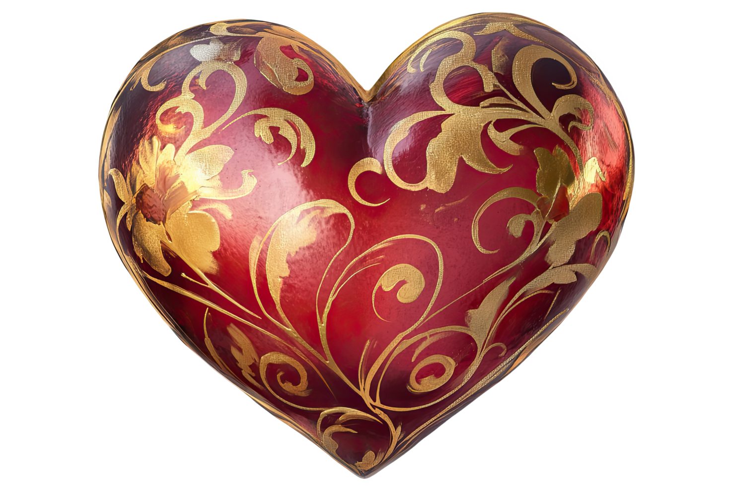 Ornate red heart with golden floral patterns, white png