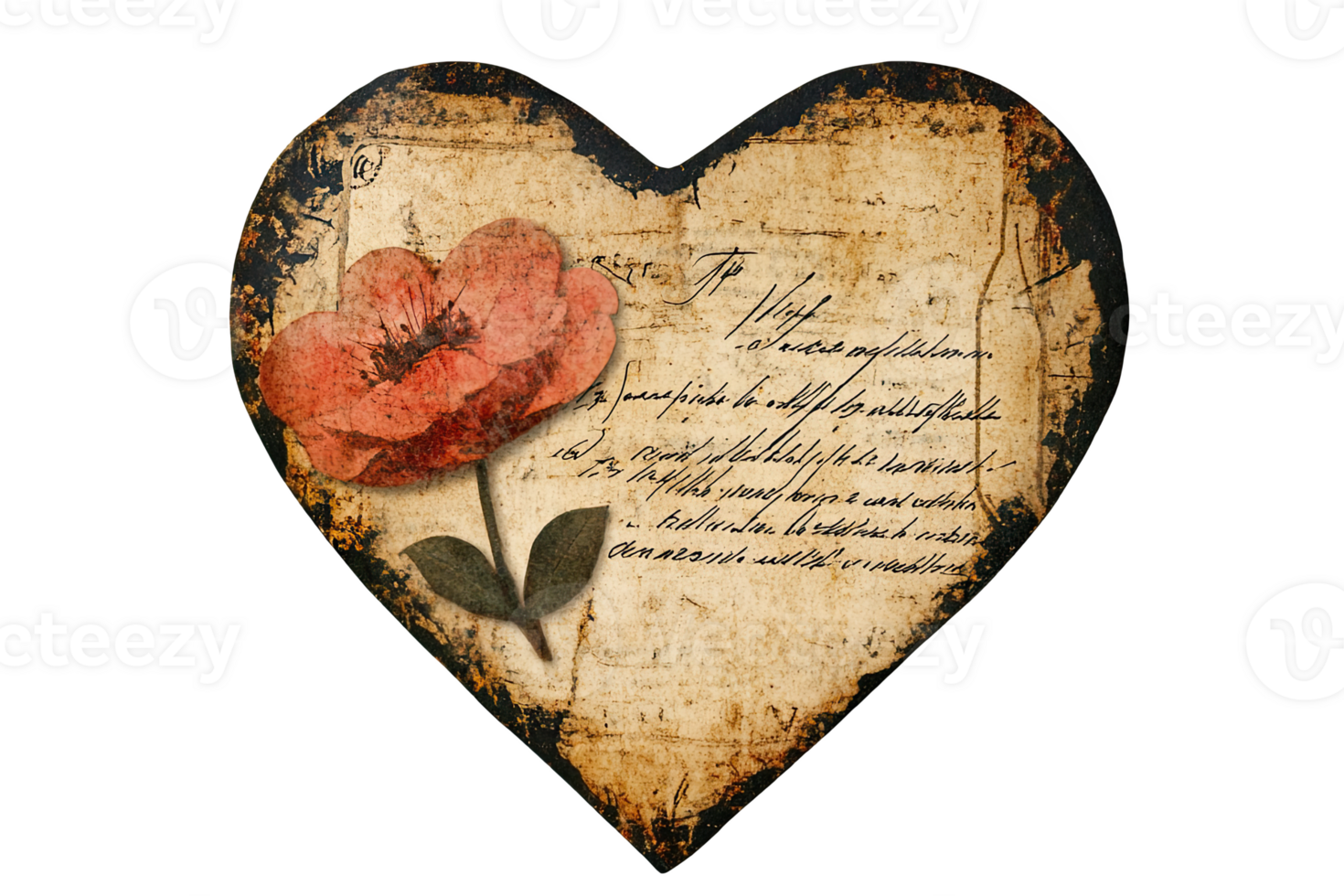 Heart-shaped design with a vintage flower and handwriting n aged paper png