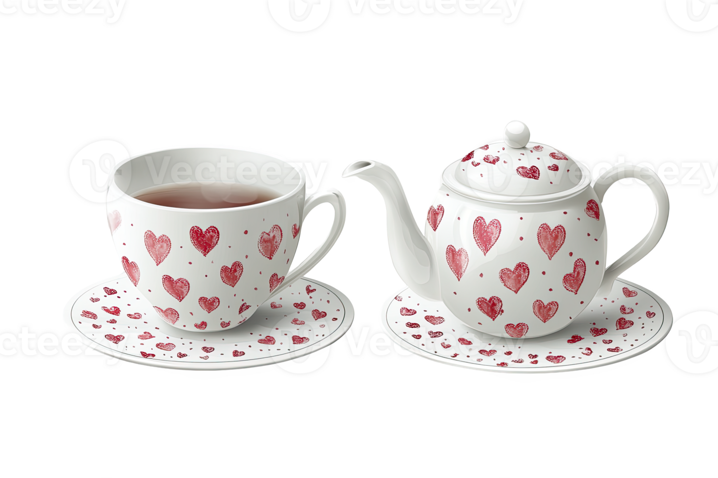 Charming tea set featuring heart patterns cute cup and teapot, perfect for tea lovers. png