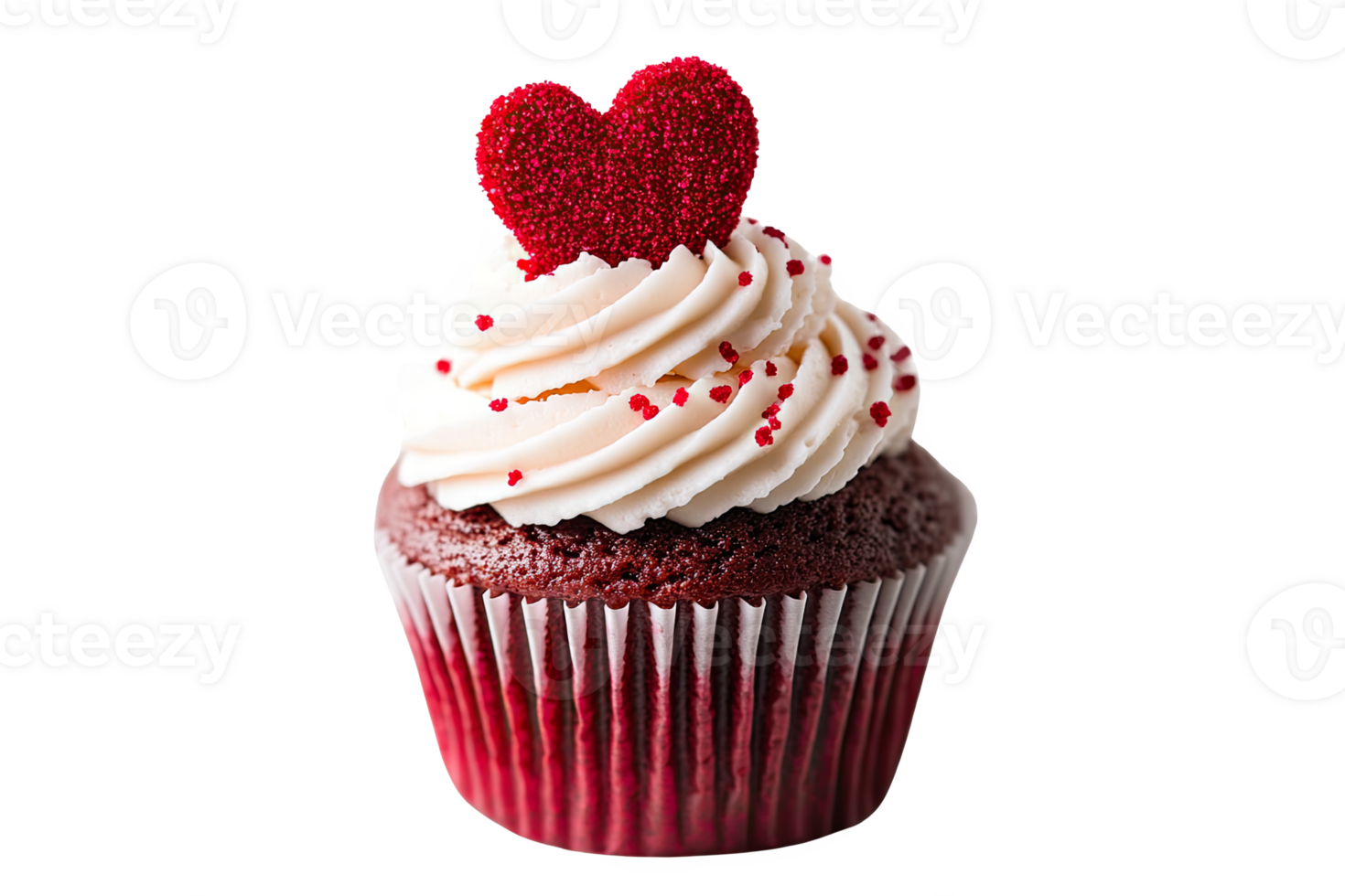 Delicious red velvet cupcake with cream frosting and heart-shaped sprinkles, png