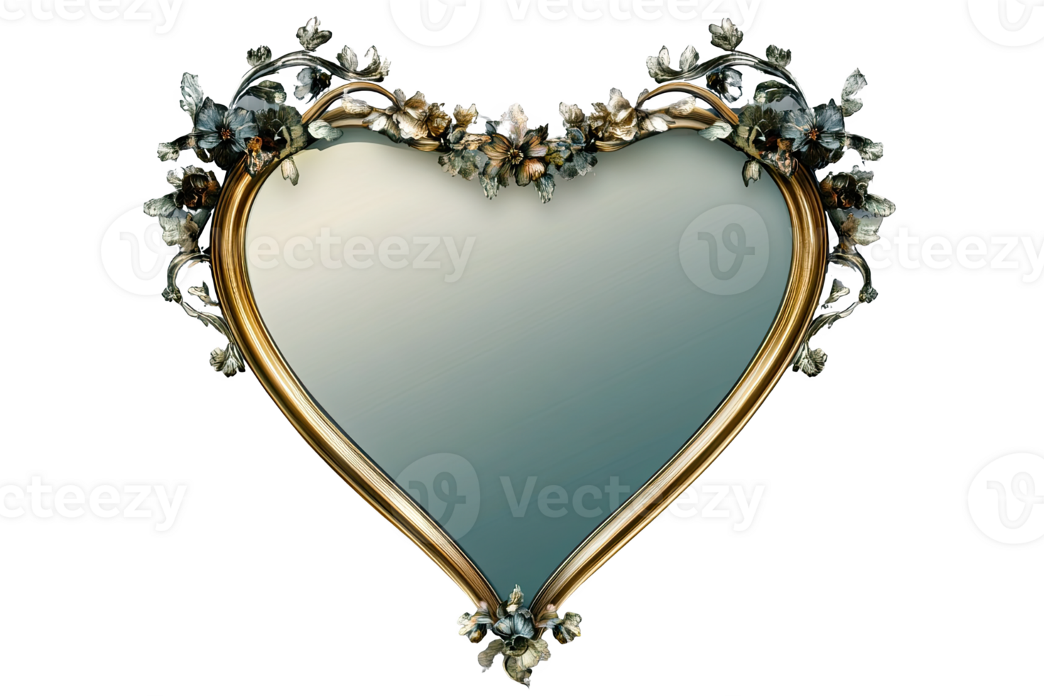 Elegant heart-shaped mirror with ornate floral frame, perfect for decor accents and design inspirati. png