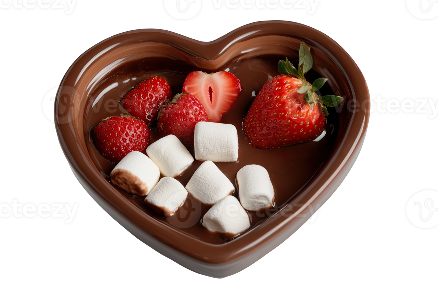 Heart-shaped bowl with chocolate, strawberries, and marshmallows png