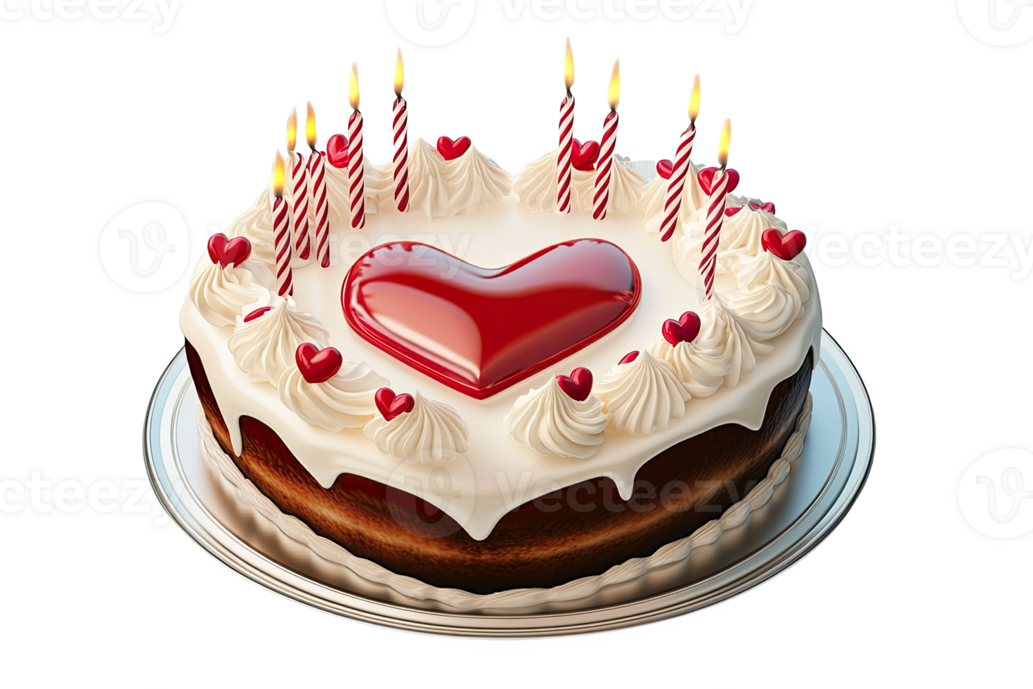 Delicious heart-shaped cake with candles and decorative frosting silver platter. png
