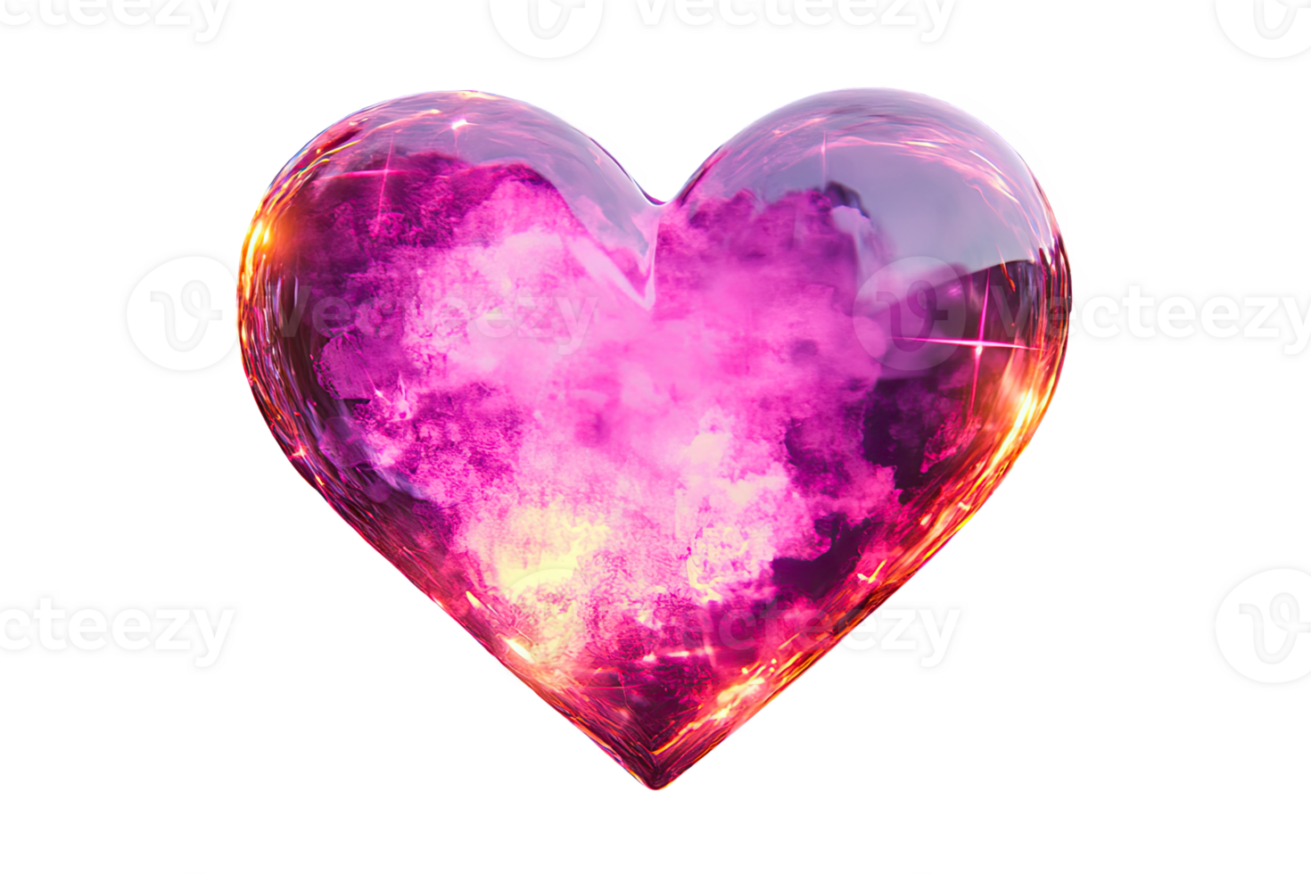 Colorful, glowing heart shape with vibrant purple smoke and sparkles, symbolizing love and emoti. png
