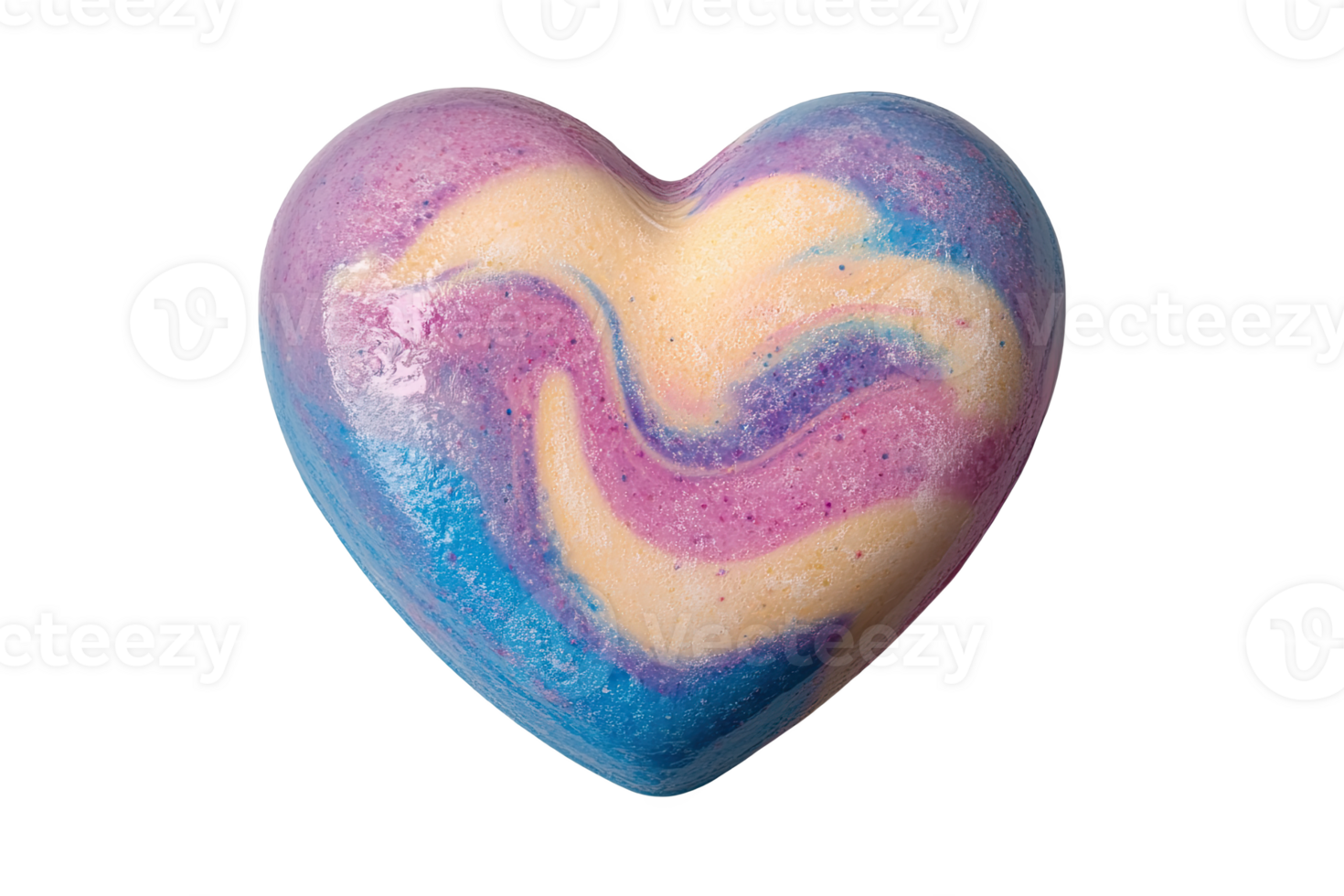 Colorful heart-shaped bath bomb with swirls of purple, blue, and yellow, perfect for relaxati. png