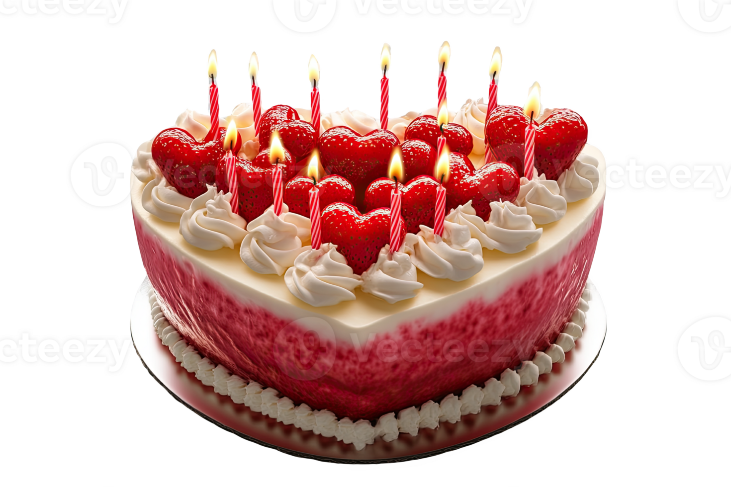 Heart-shaped cake topped with strawberries and candles, perfect for celebratis and special occasis. png