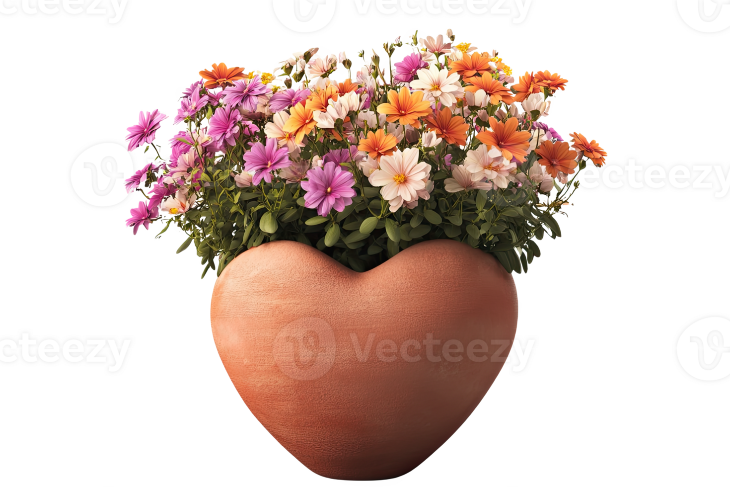 Colorful heart-shaped flower pot filled with vibrant blooms. Ideal for spring and gardening themes. png