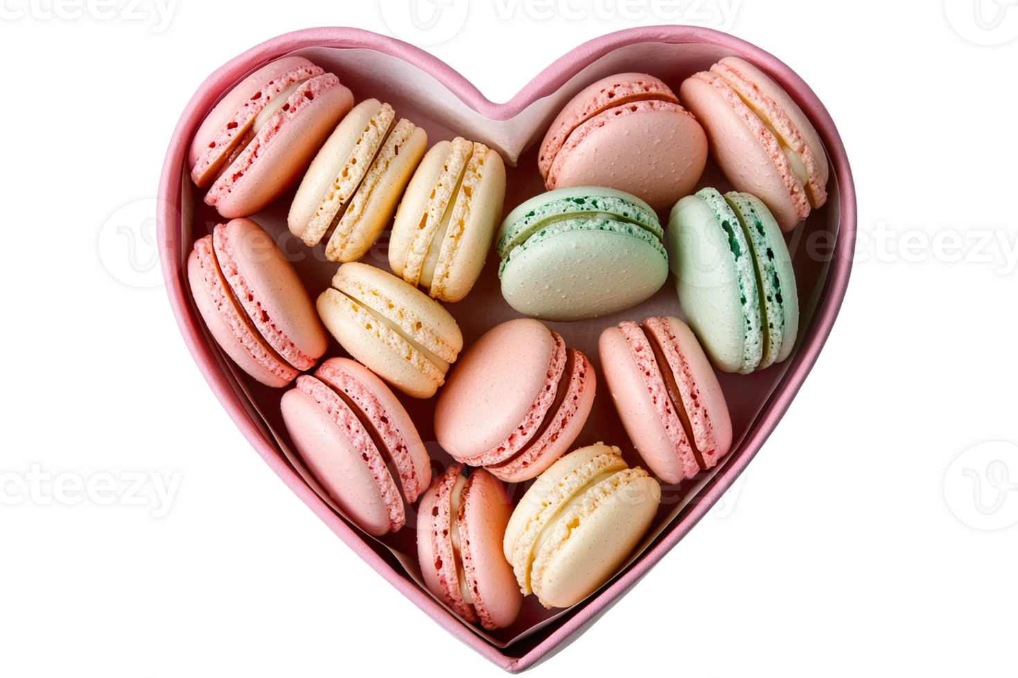 Colorful macars in a heart-shaped box for a sweet romantic treat. png