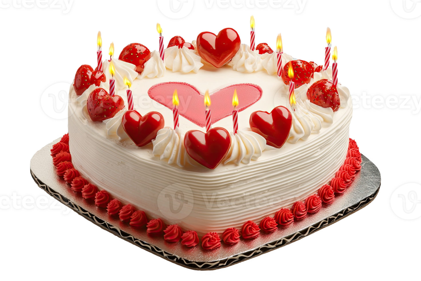 Heart-shaped cake with red decoratis and candles, perfect for celebratis and special occasis. png