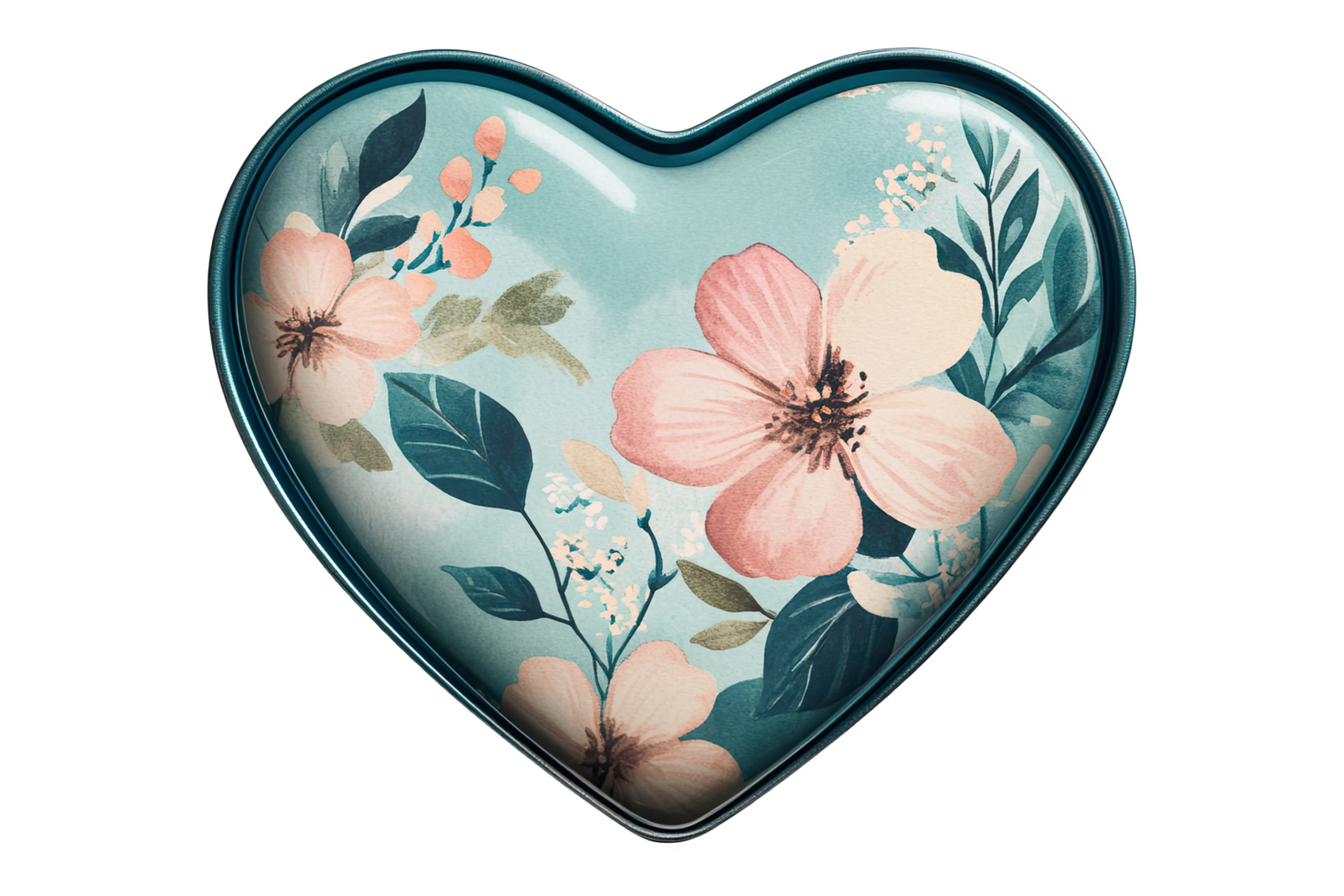 Decorative heart-shaped tin with floral design, png