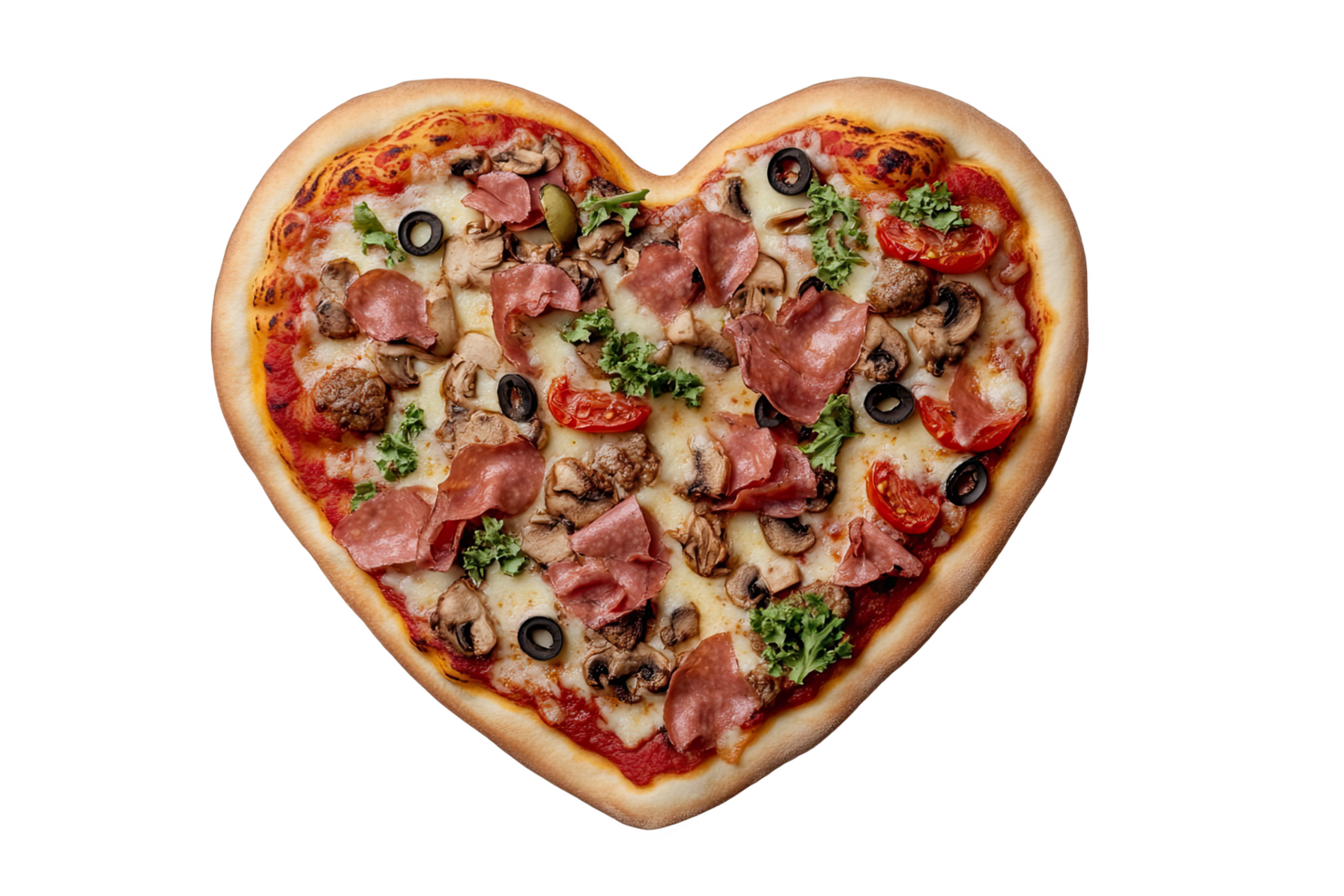 Delicious heart-shaped pizza topped with bac, olives, mushrooms, and fresh vegetables vibrant png
