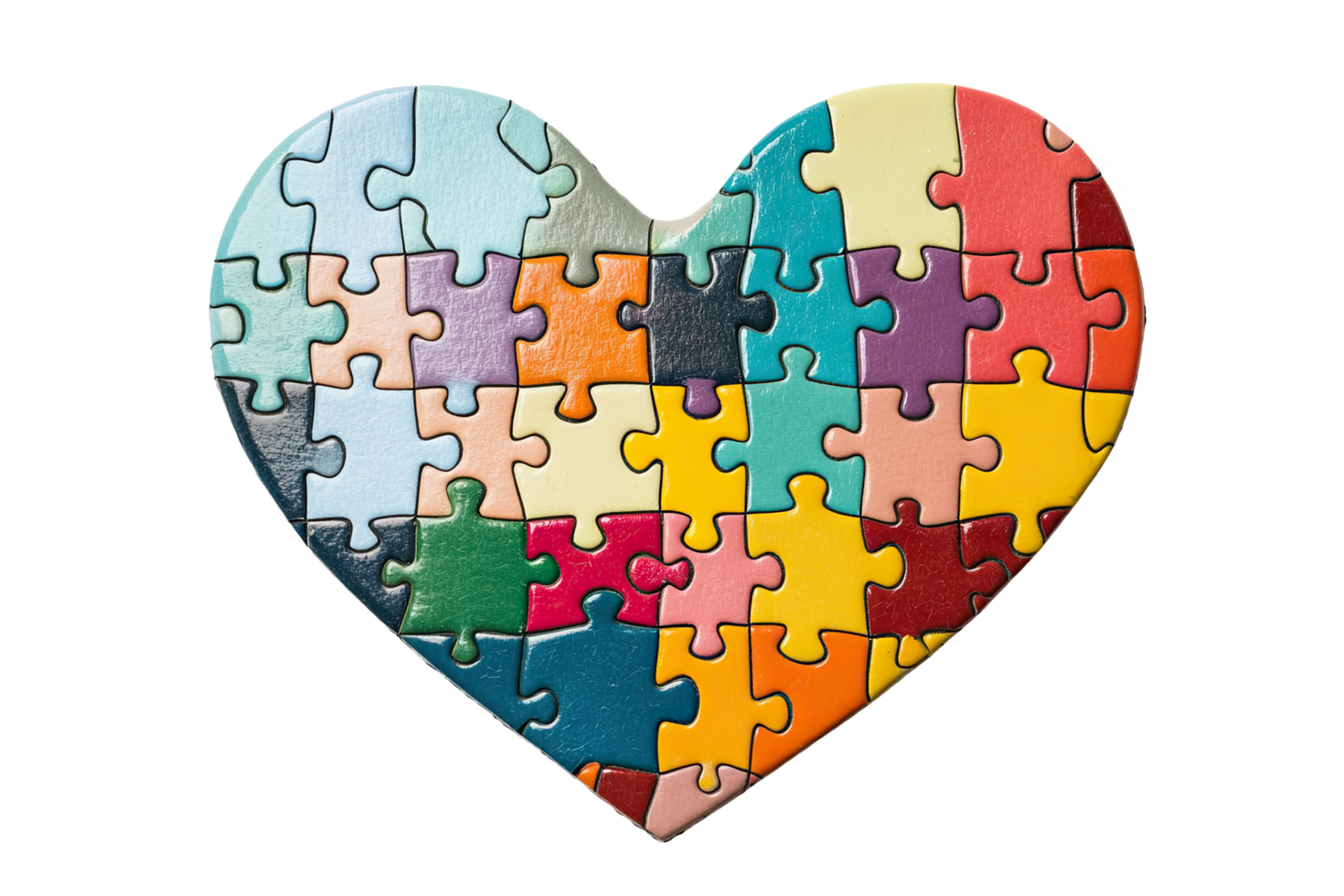 Colorful jigsaw puzzle pieces arranged in a heart shape, symbolizing love and creativity. png