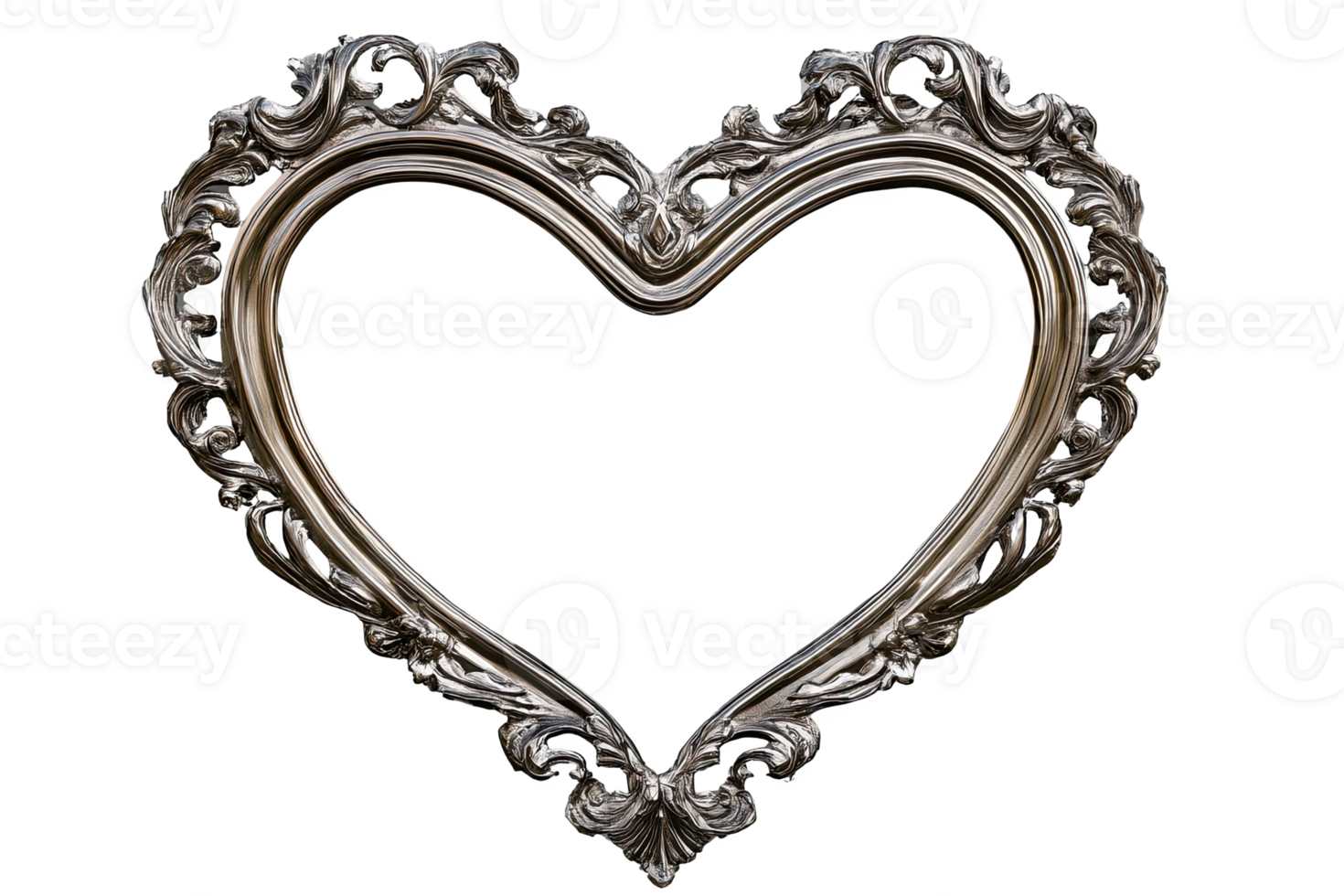 Elegant silver heart-shaped frame with intricate design, png