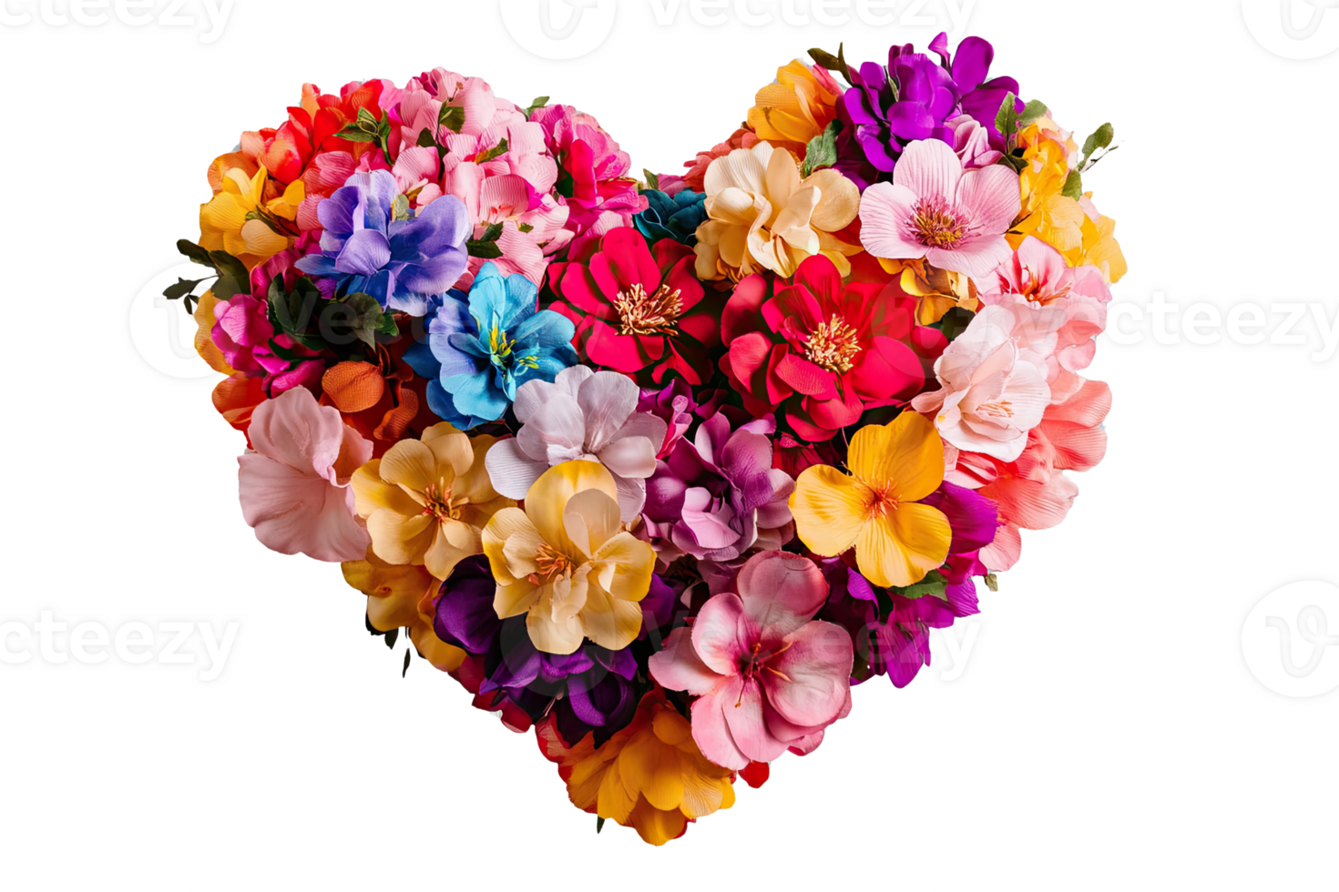 A vibrant heart-shaped arrangement of colorful flowers png