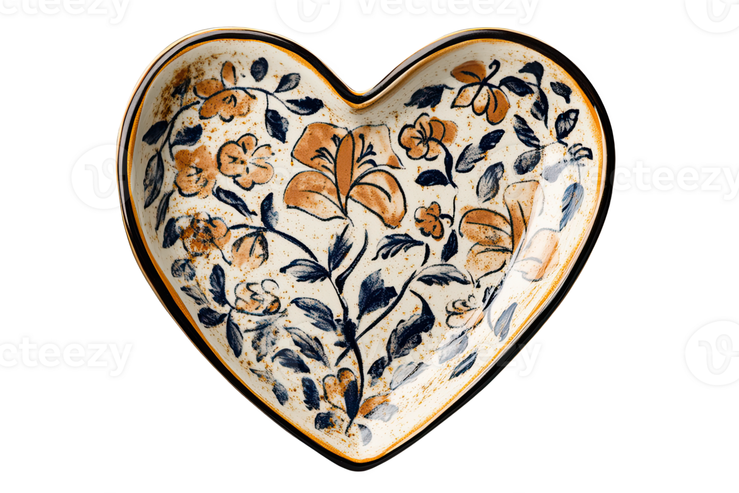 Heart-shaped ceramic plate with floral design, perfect for serving desserts or decorative purposes. png