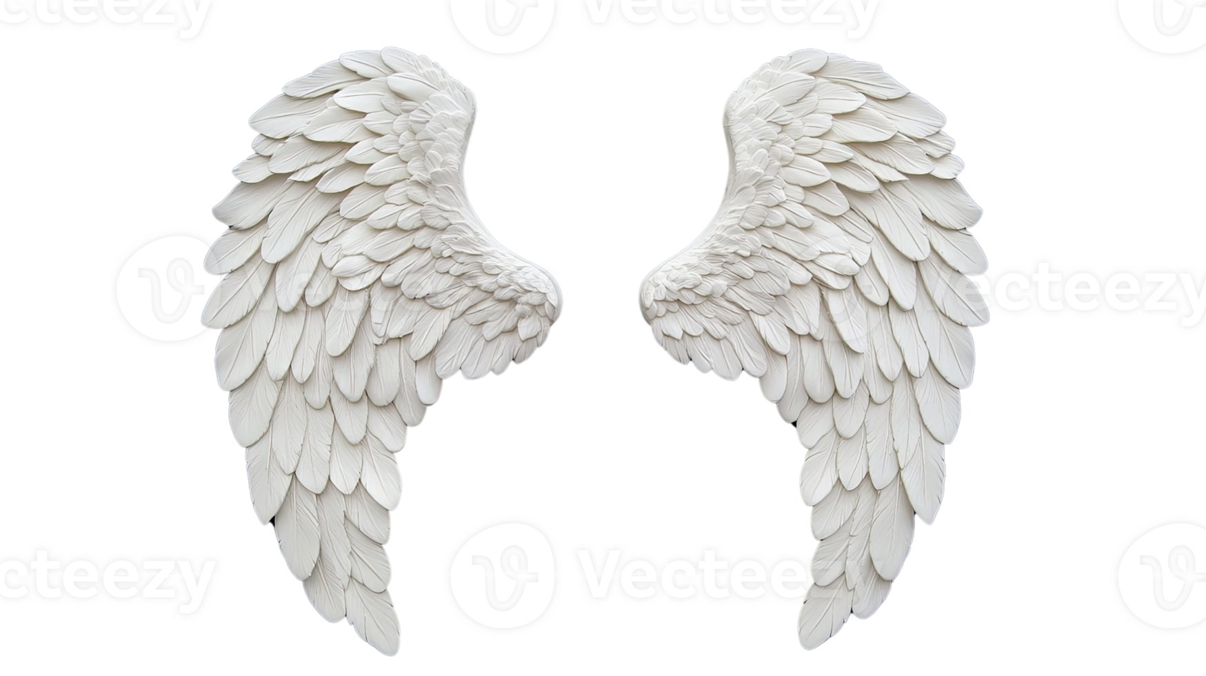 Two elegant white angel wings designed with intricate feather details, symbolizing freedom and spirituality. png