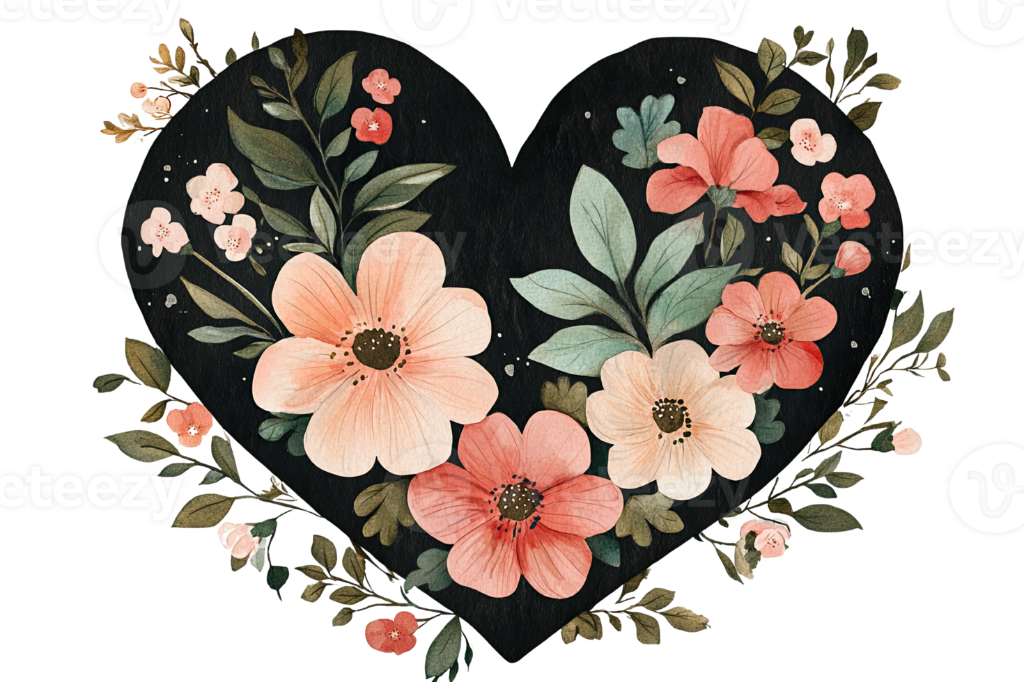 Floral heart illustrati with colorful flowers dark , ideal for design and decorati. png