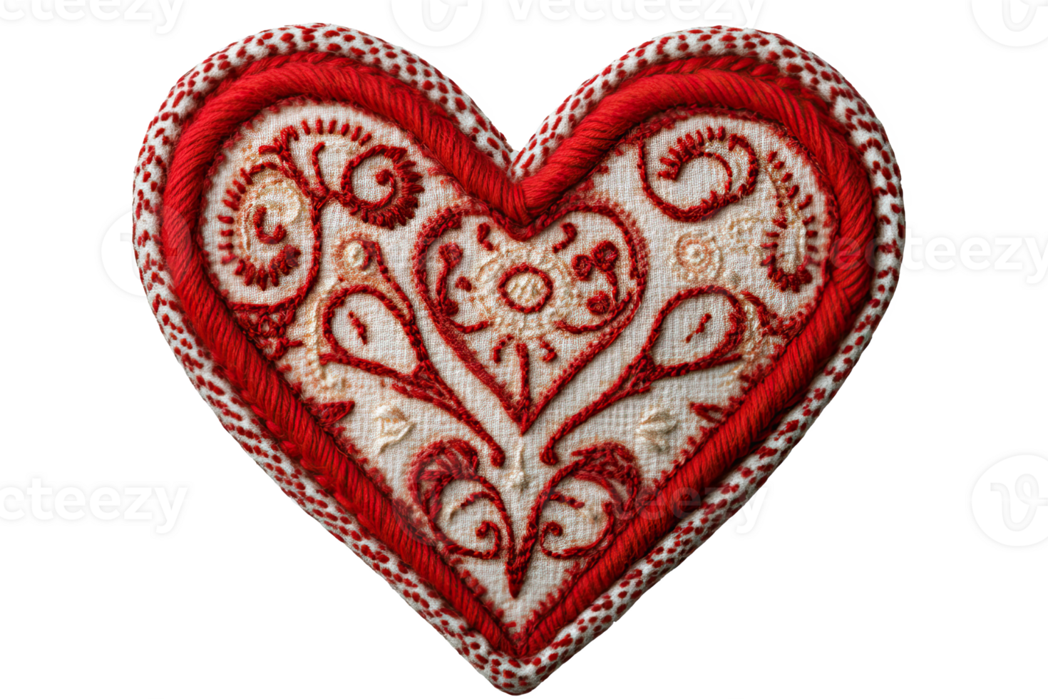 Embroidered heart design with intricate patterns, perfect for textile projects and romantic themes. png