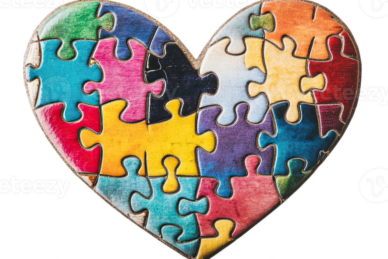 Colorful puzzle pieces shaped like a heart, symbolizing love and unity. png