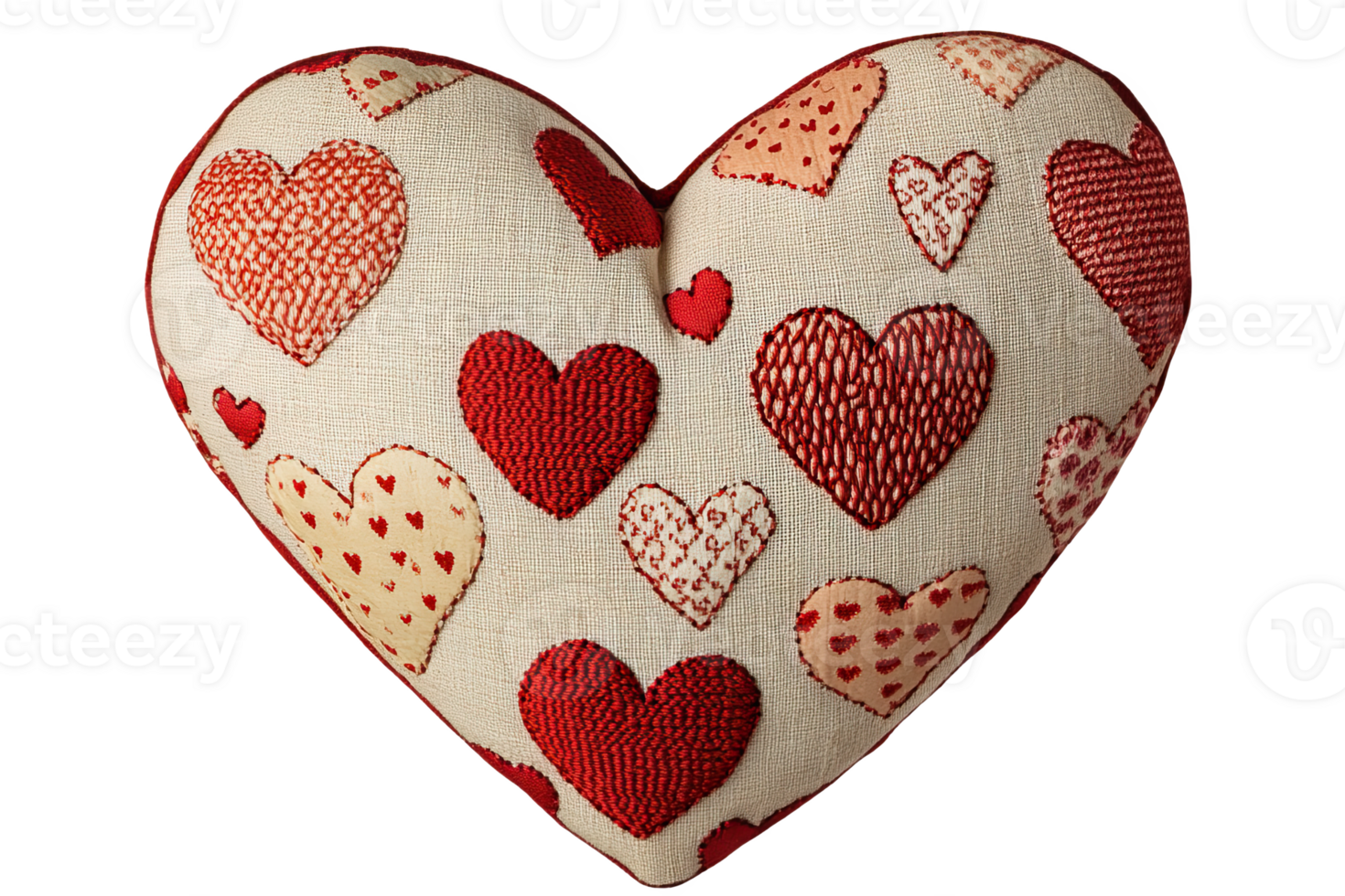 Cozy heart shaped cushi with various red hearts light , perfect for home decor. png