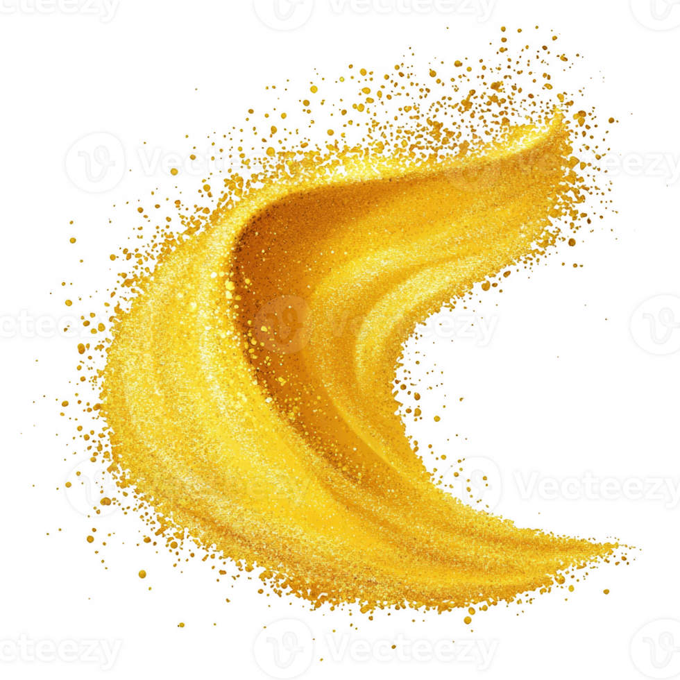 Gold glitter swirl with sparkling particles creates vibrant and dynamic visual effect, perfect for festive designs and celebrations, evoking sense of luxury and joy png