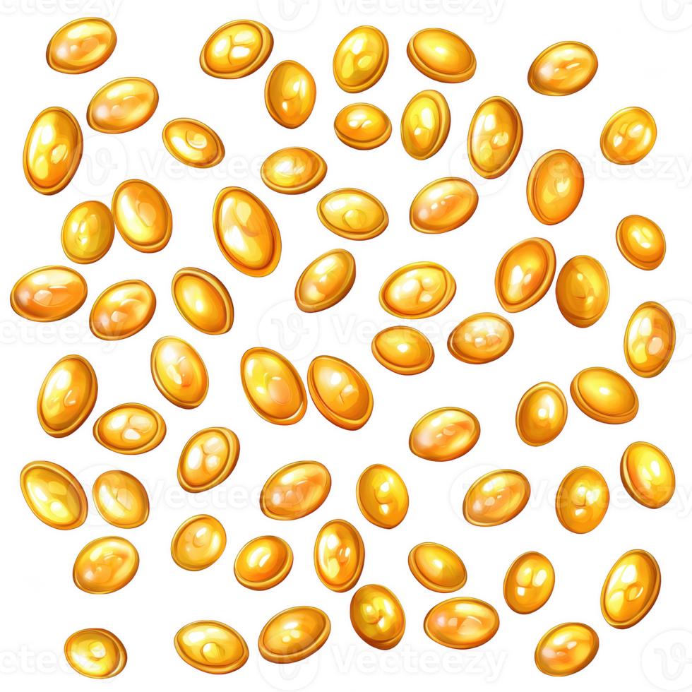 Golden oval shapes scattered on transparency background create vibrant and eye catching visual. These shiny elements evoke sense of luxury and abundance, perfect for various design projects png