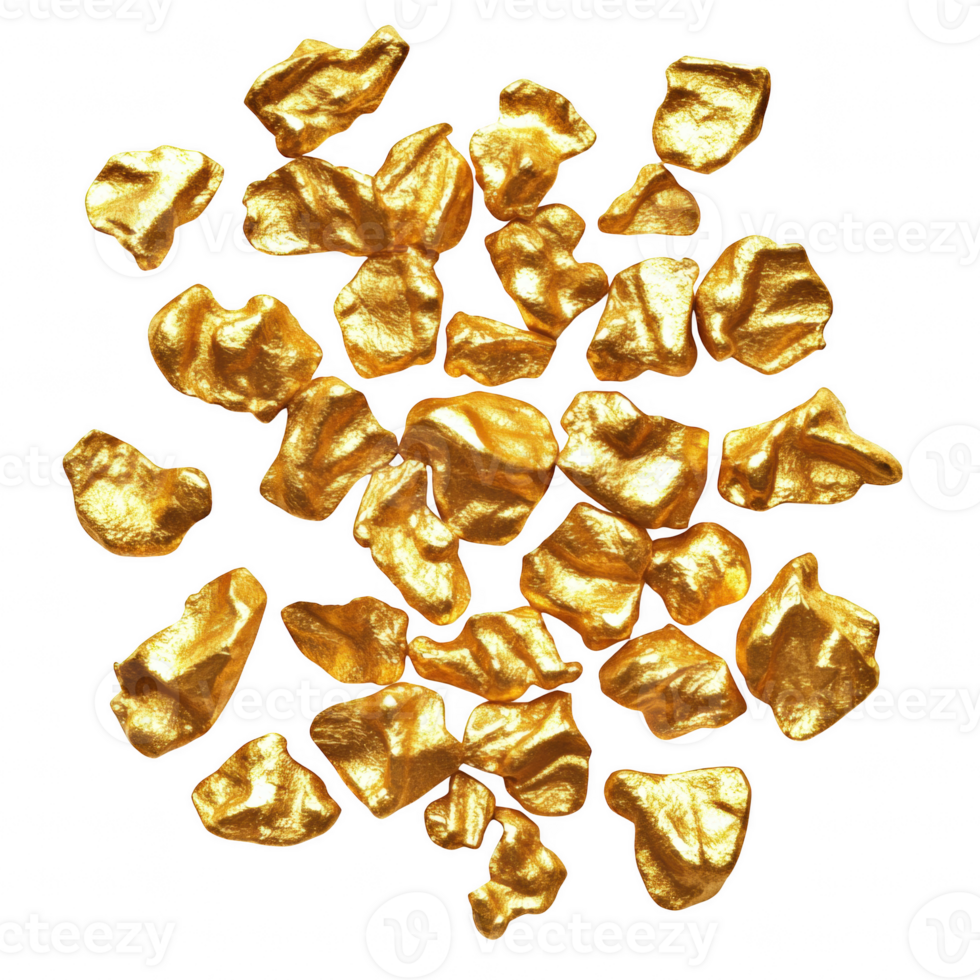 Golden nuggets scattered on transparency background create striking visual. shiny texture and irregular shapes evoke sense of luxury and wealth, making this captivating and eye catching png