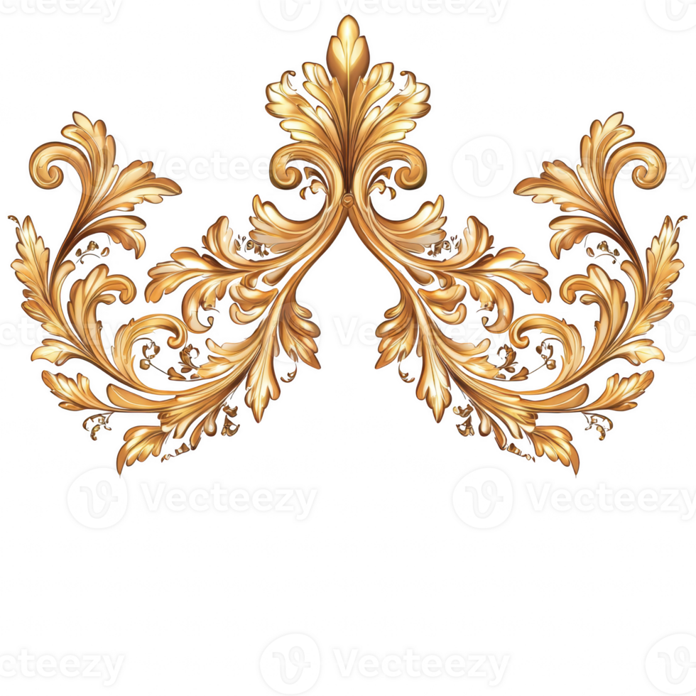 Elegant gold floral ornament design featuring intricate swirls and leaves, perfect for decorative purposes. This beautiful clipart adds touch of luxury and sophistication to any project png
