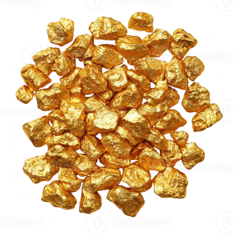 Golden nuggets scattered on transparency background create striking visual. shiny texture and vibrant color evoke feelings of wealth and luxury, making this perfect for various uses png