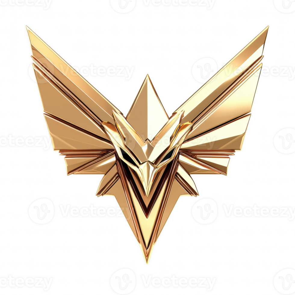 Golden emblem with sharp, angular wings and central star like design, symbolizing strength and achievement, radiating sense of power and prestige png
