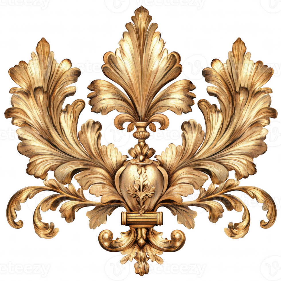 Elegant gold ornament featuring intricate leaf and floral designs, perfect for adding touch of luxury and sophistication to any decor. This clipart is ideal for various artistic and design png