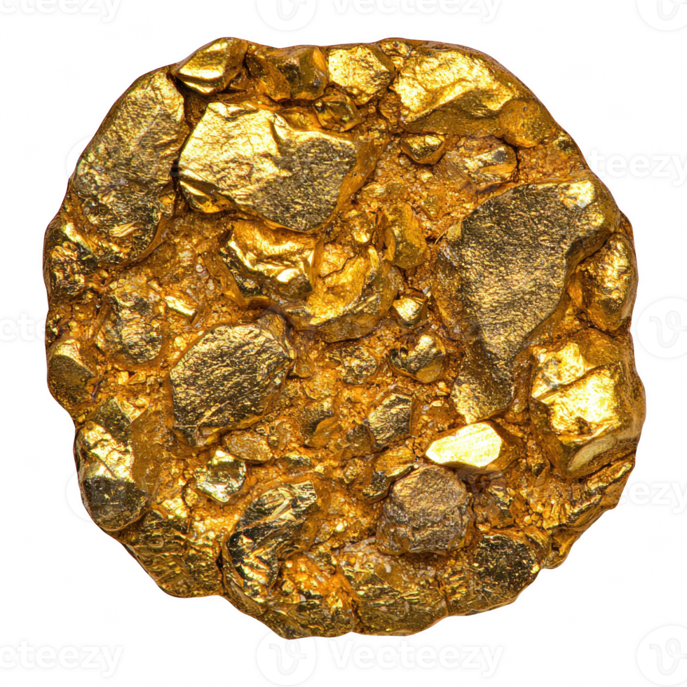 shiny gold nugget with rough texture, showcasing various sizes of gold flakes and natural, organic shape. This striking piece captures allure and beauty of gold in its raw form png