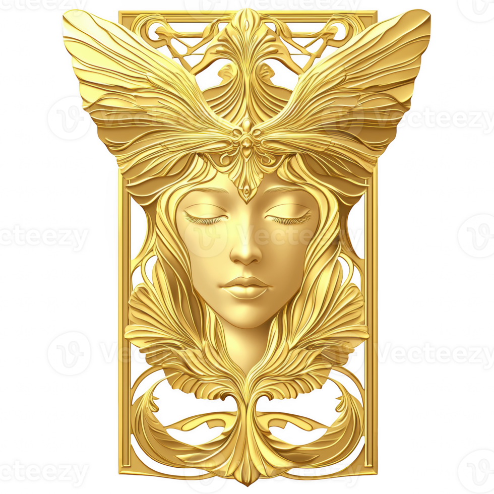 Golden butterfly art featuring serene face, intricate details, and elegant design, evoking sense of beauty and tranquility in luxurious style png