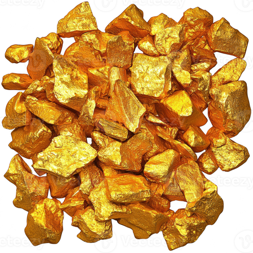Shiny gold nuggets scattered on transparency background, showcasing their vibrant color and texture. These nuggets symbolize wealth and luxury, capturing eye with their gleaming surfaces png