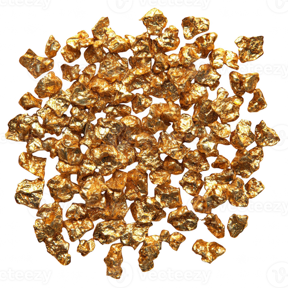 Golden nuggets scattered on transparency background create striking visual. shiny, textured surface of gold reflects light beautifully, evoking sense of luxury and wealth png