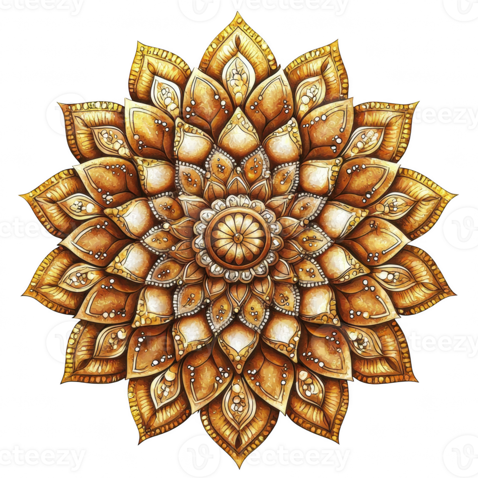 Golden mandala design featuring intricate floral patterns and detailed leaf motifs, radiating sense of harmony and tranquility. This artwork embodies elegance and artistic craftsmanship png