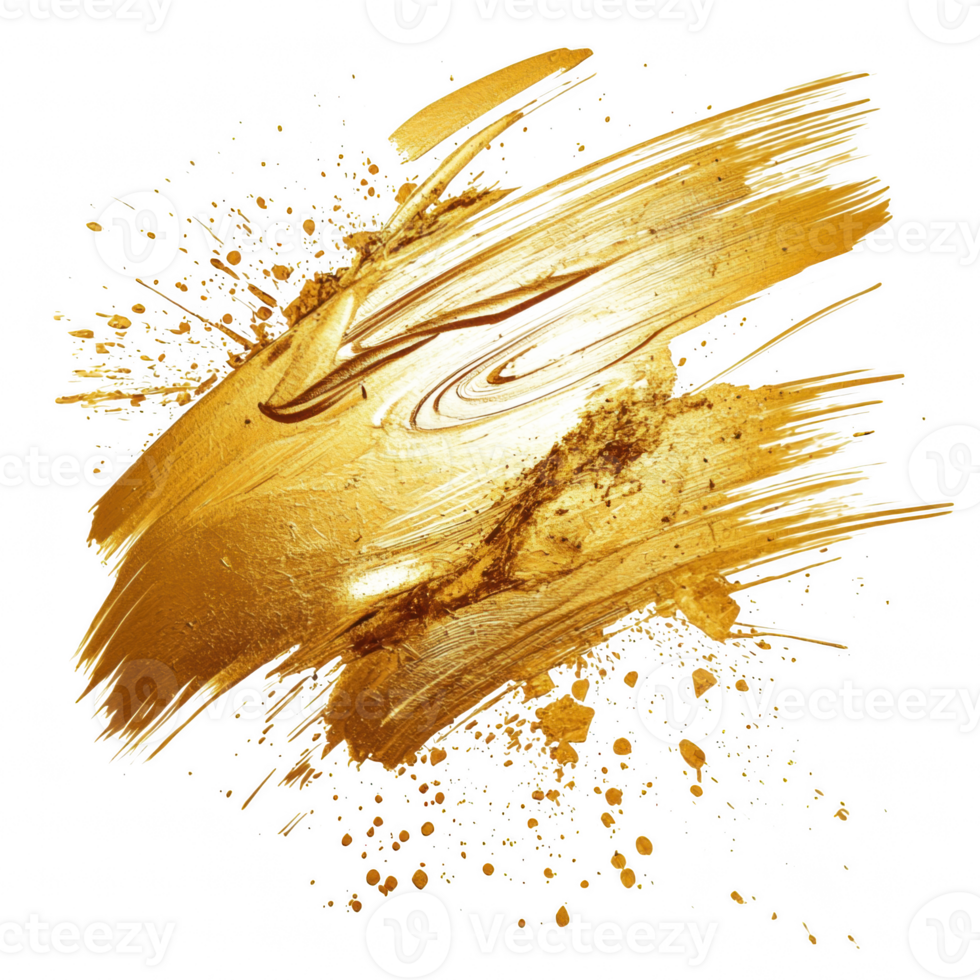Gold abstract splash with dynamic brush strokes and splatters, creating vibrant and luxurious feel. Perfect for backgrounds, designs, and artistic projects png