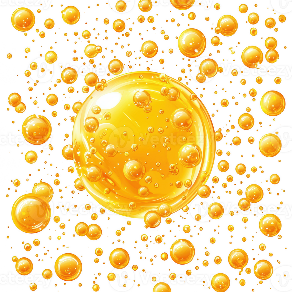 Bright yellow bubbles float against transparency background, creating vibrant and lively atmosphere. shiny, translucent spheres vary in size, adding depth and sense of movement to composition png
