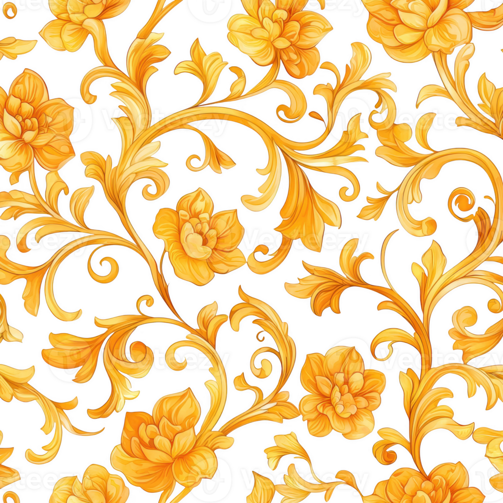 Elegant floral pattern featuring intricate yellow flowers and swirling vines on transparency background, creating vibrant and luxurious design that evokes sense of beauty and sophistication png
