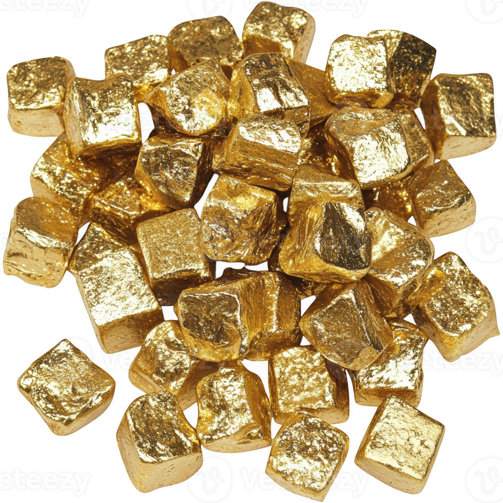 Shiny gold cubes scattered transparency background create luxurious and opulent feel, perfect for representing wealth and prosperity. gleaming surface reflects light beautifully, enhancing their png