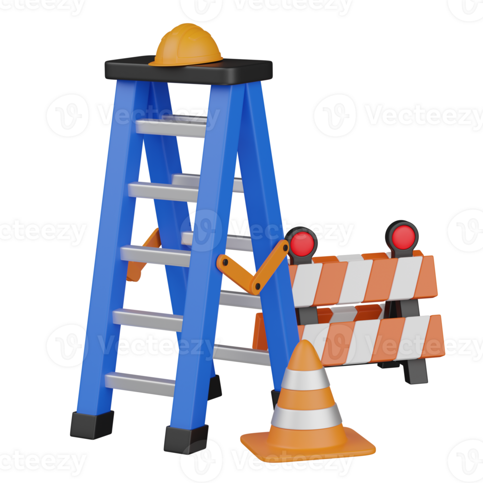 3d render construction area with ladders, traffic cone and barrier illustration png