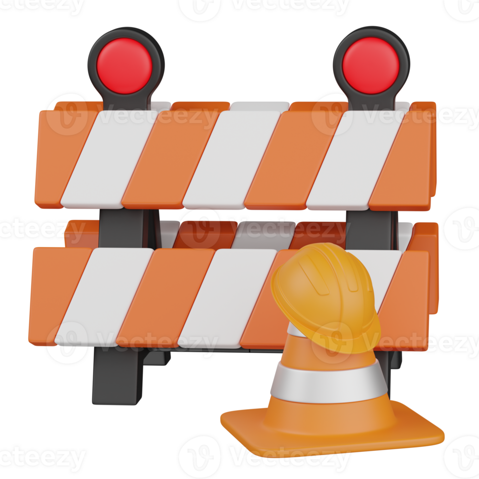 3d render construction BARRIER with traffic cone and a helmet illustration png
