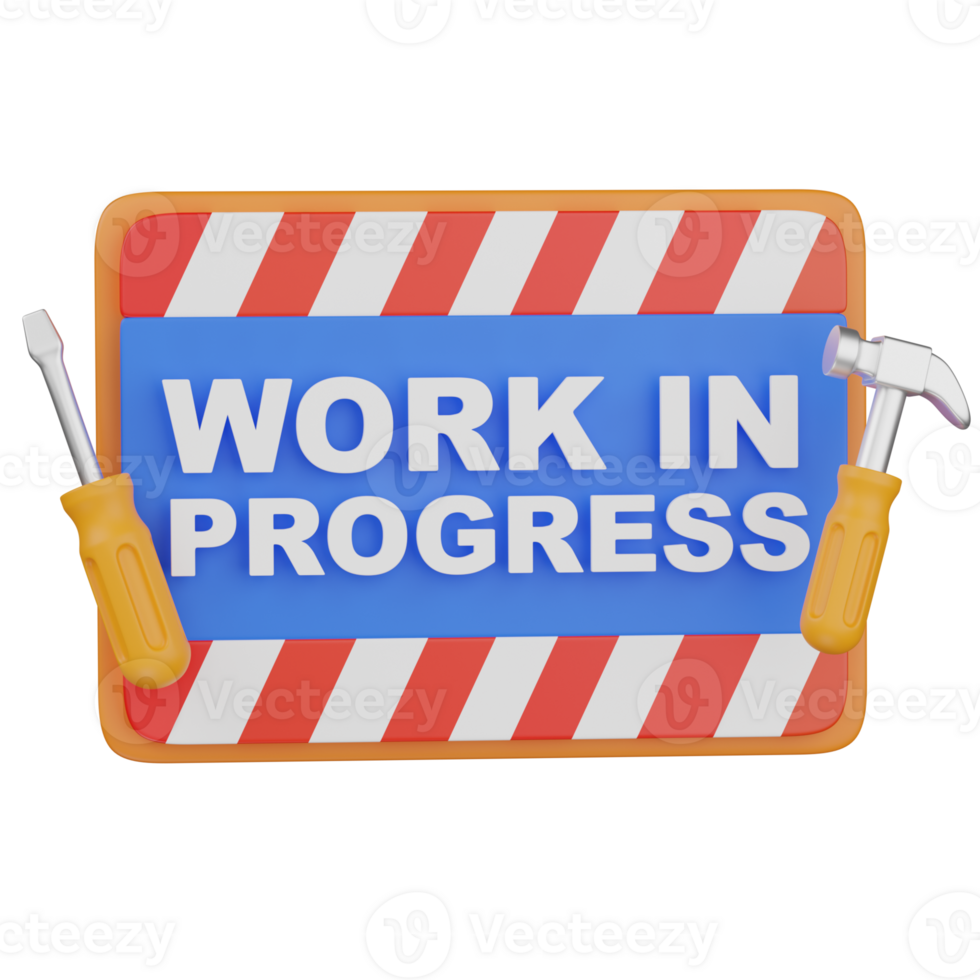 3d render work in progress sign with hammer and screwdriver illustration png