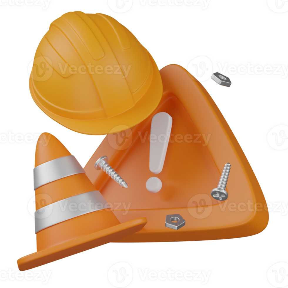 3d render BUILDING helmet with traffic cone and danger sign illustration png