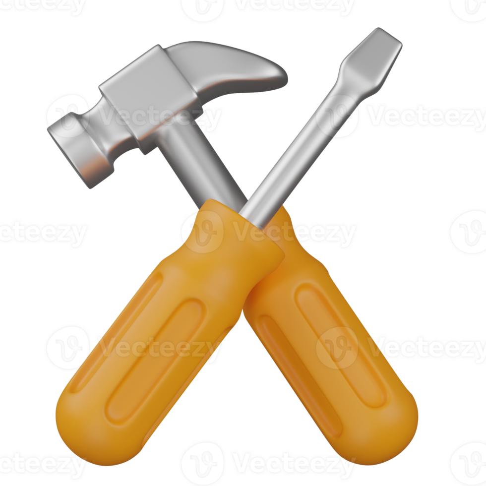 3d render SCREW DRIVER AND HAMMER illustration png